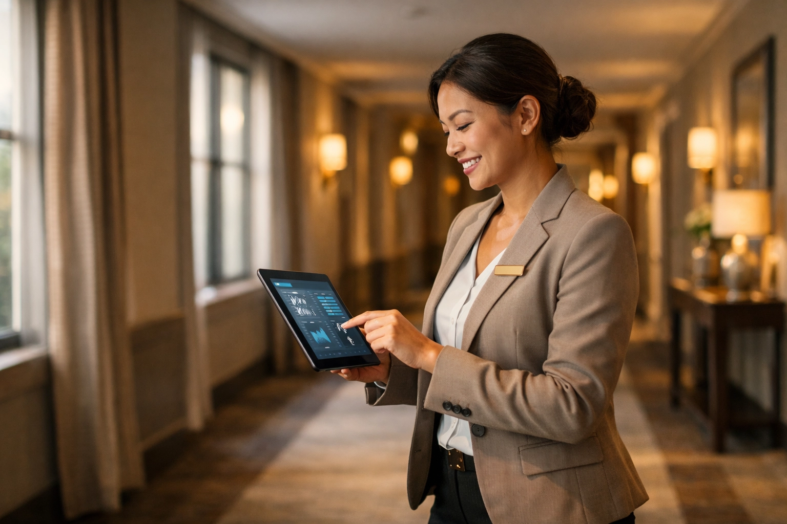 Hotel staff member using tablet to manage operations while walking through property corridor