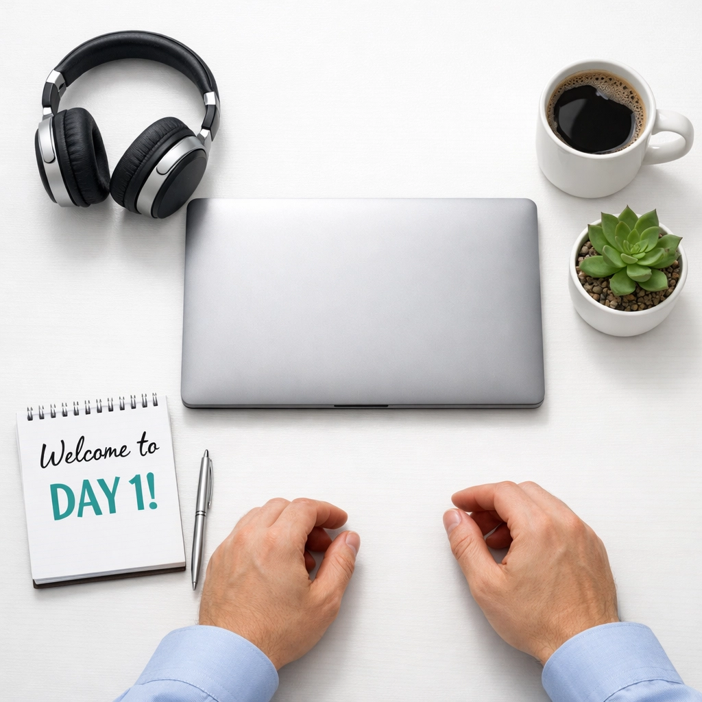 An organized desk setup representing seamless employee onboarding through ServiceNow ITAM workflows.