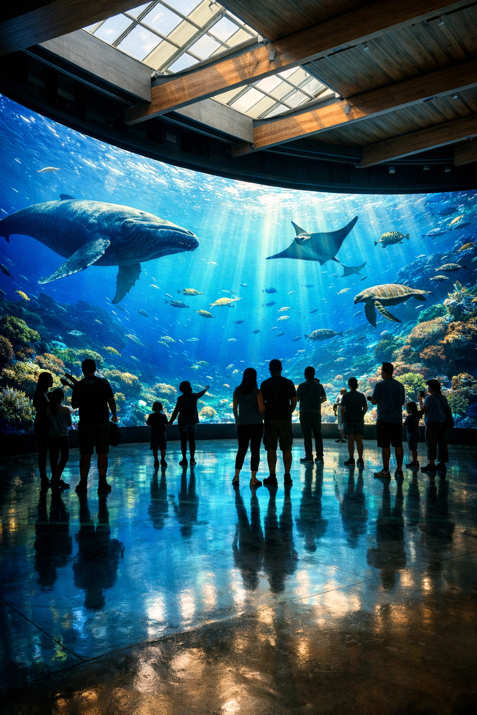 Interactive digital display at zoo venue showing marine life to engaged visitors