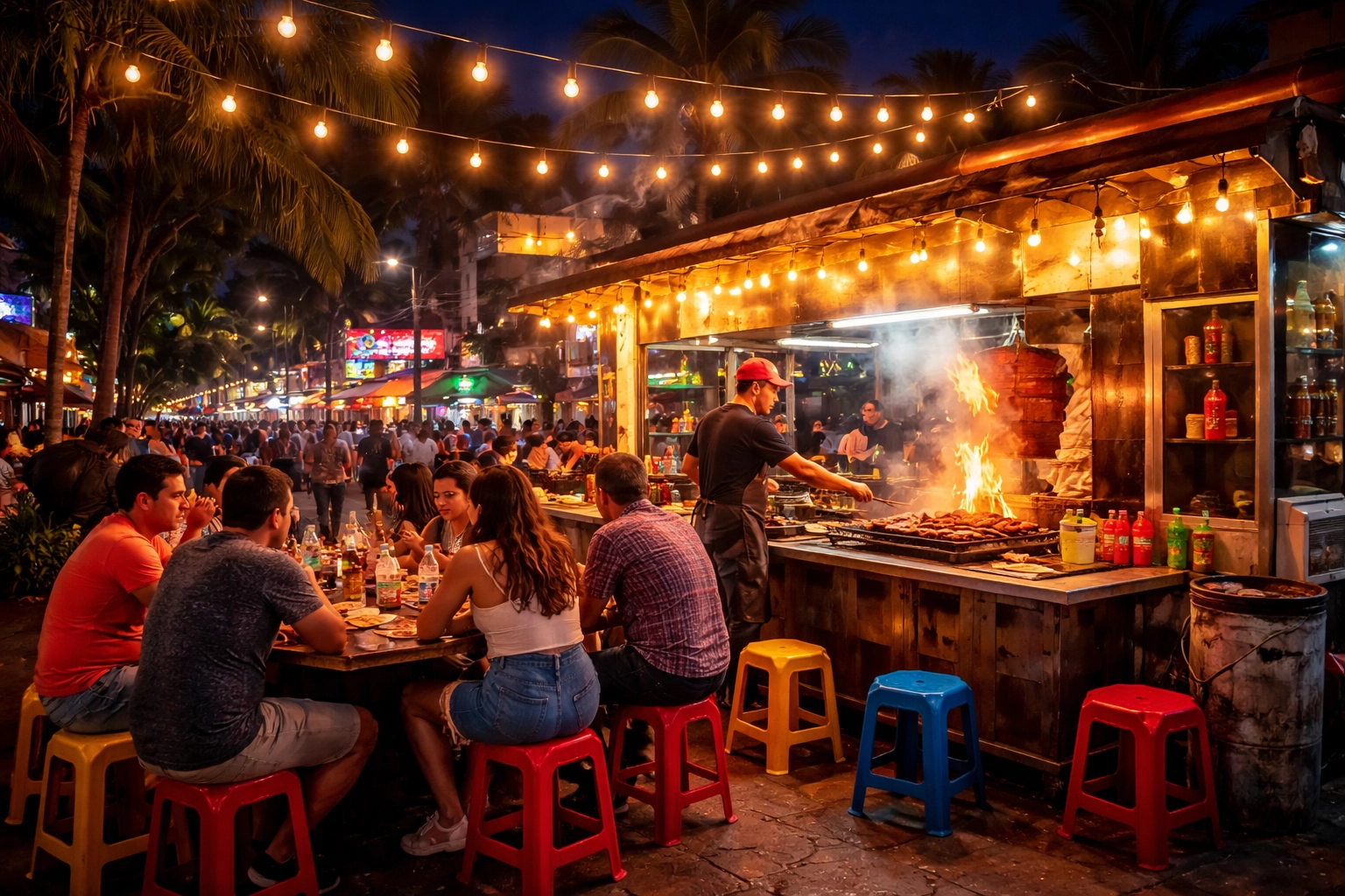 Night scene of a bustling Puerto Vallarta taco stand with locals enjoying authentic street food