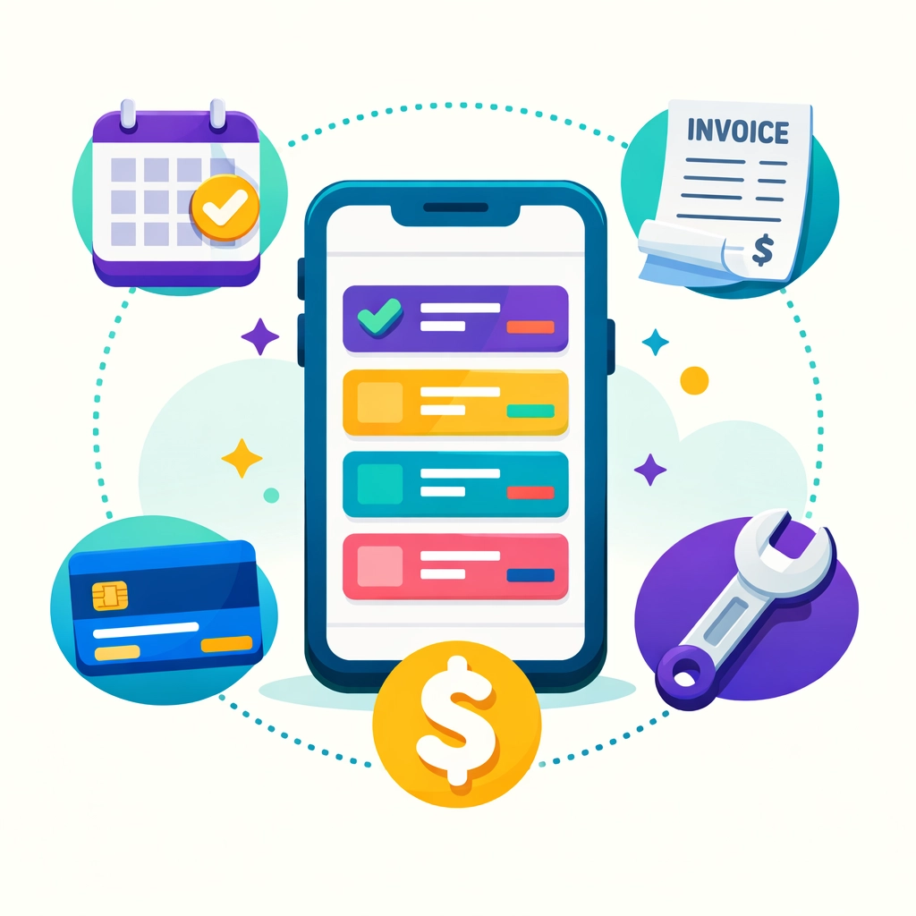 Field service management software dashboard showing scheduling, invoicing, and payment features