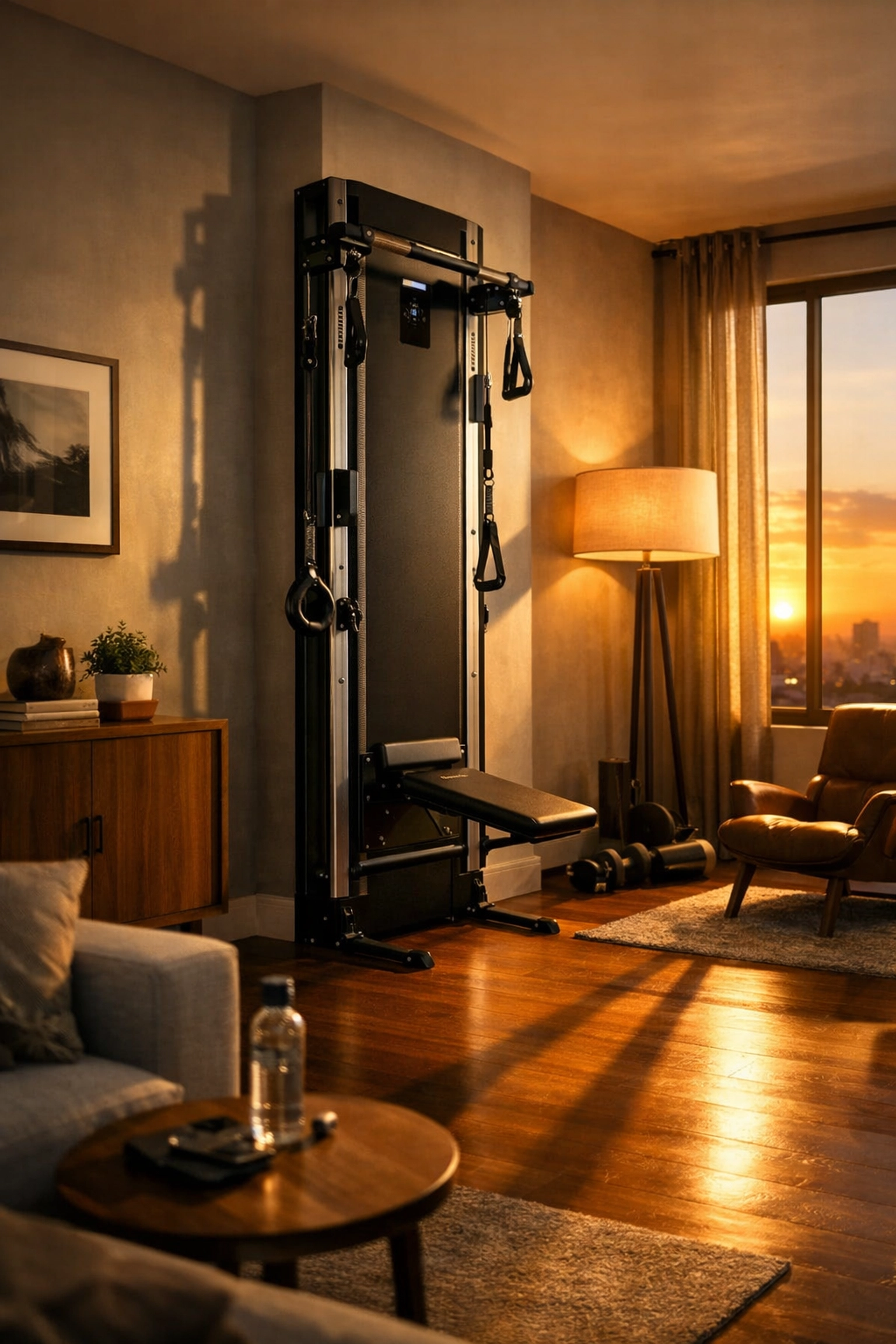 Compact calisthenics equipment for home integrated into a small living space with a floor to ceiling gym rail.