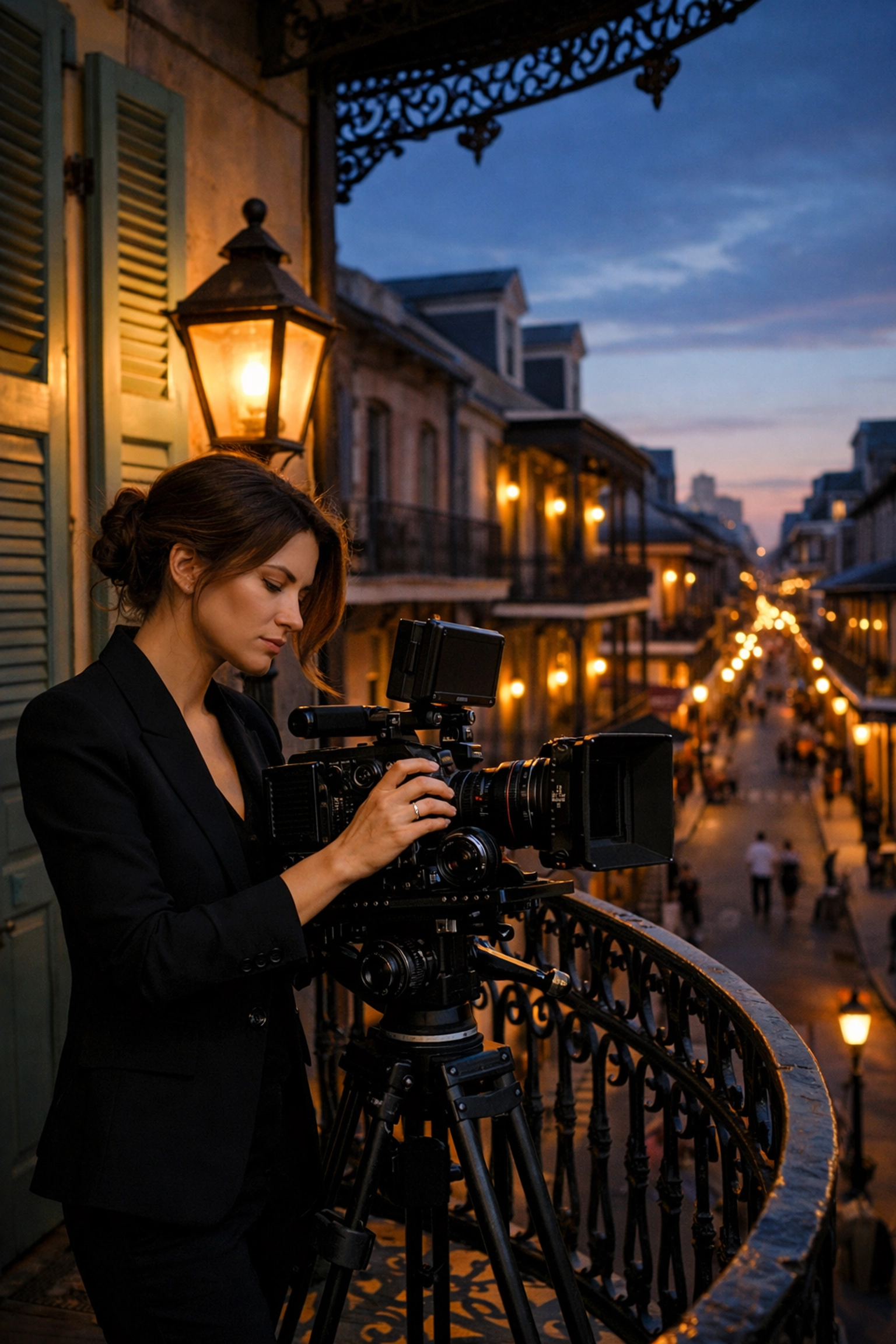Cinematographer on wrought-iron balcony overlooking Royal Street in French Quarter at dusk