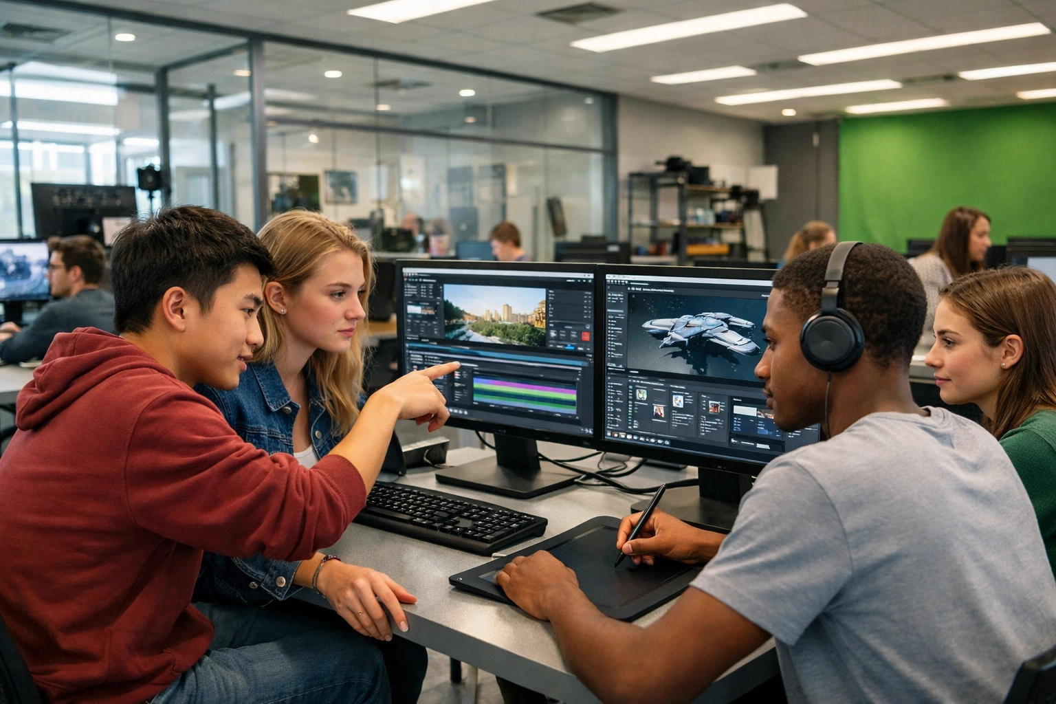 High school students collaborating in a modern digital media lab sponsored by Dakdan Worldwide.