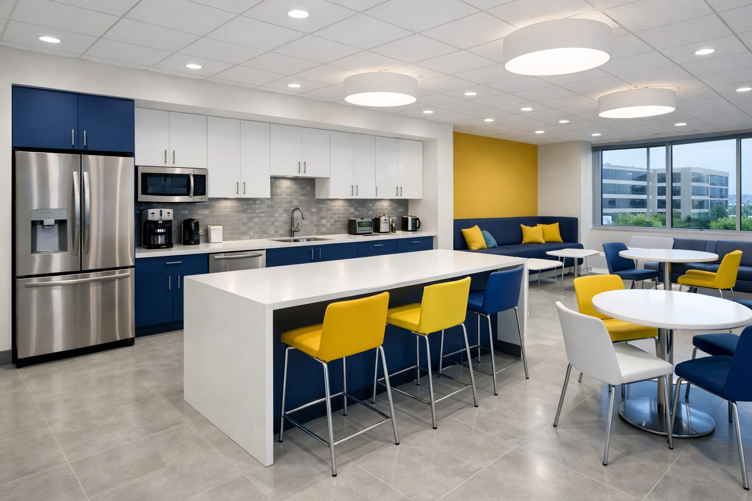 Spotless modern breakroom in a Worcester biotech hub showcasing professional commercial cleaning standards.