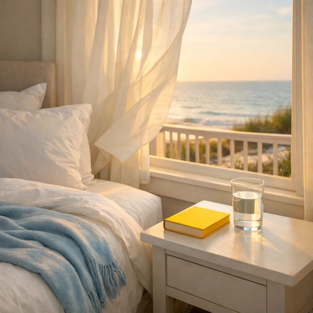 A serene, clean bedroom in a Popponesset home, perfectly maintained by bi-weekly house cleaning services.