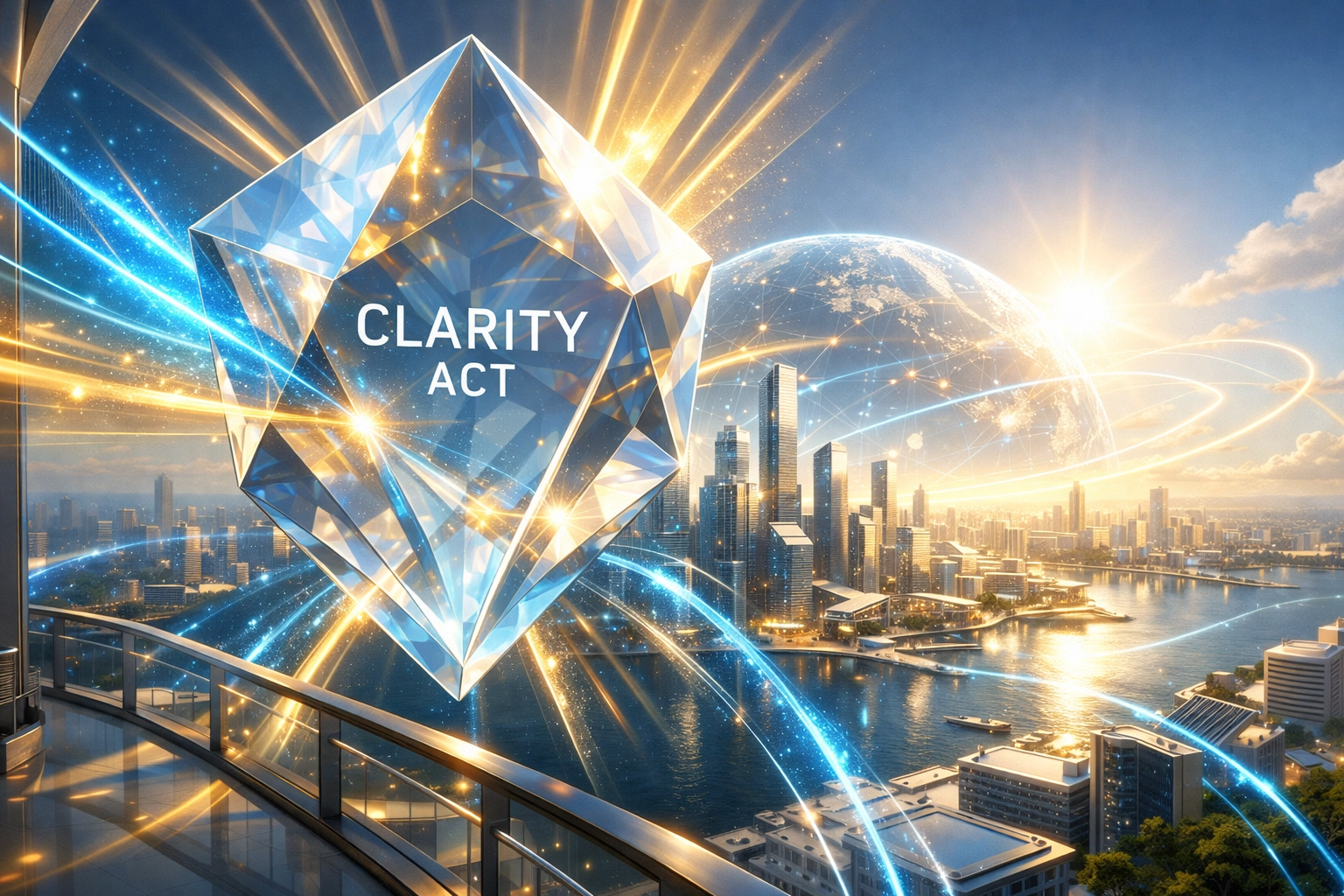 Global digital grid connecting skyscrapers through the CLARITY Act for transparent Web3 payment solutions.
