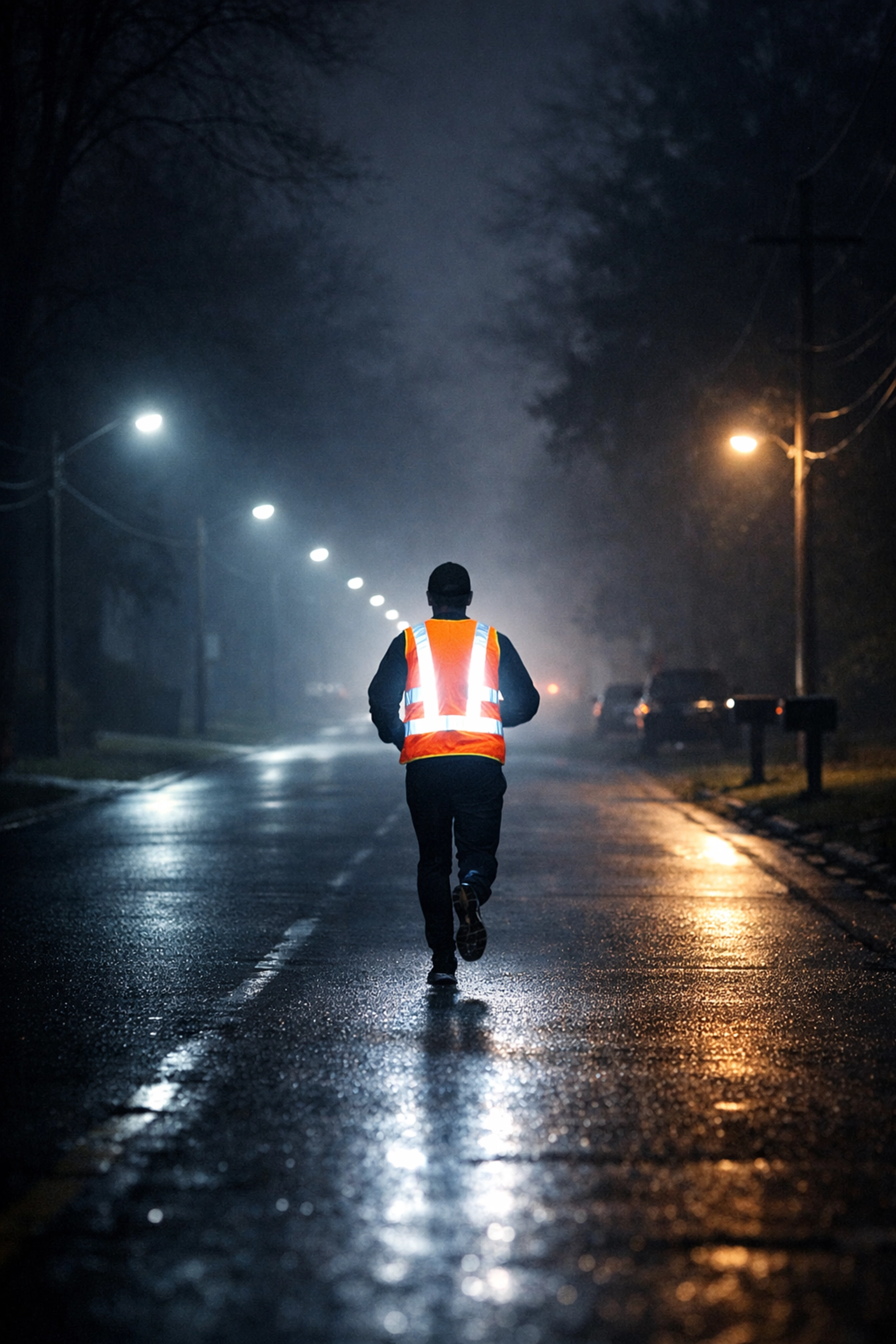 Jogger in Rochester Hills wearing a high-intensity white LED safety vest for nighttime visibility.