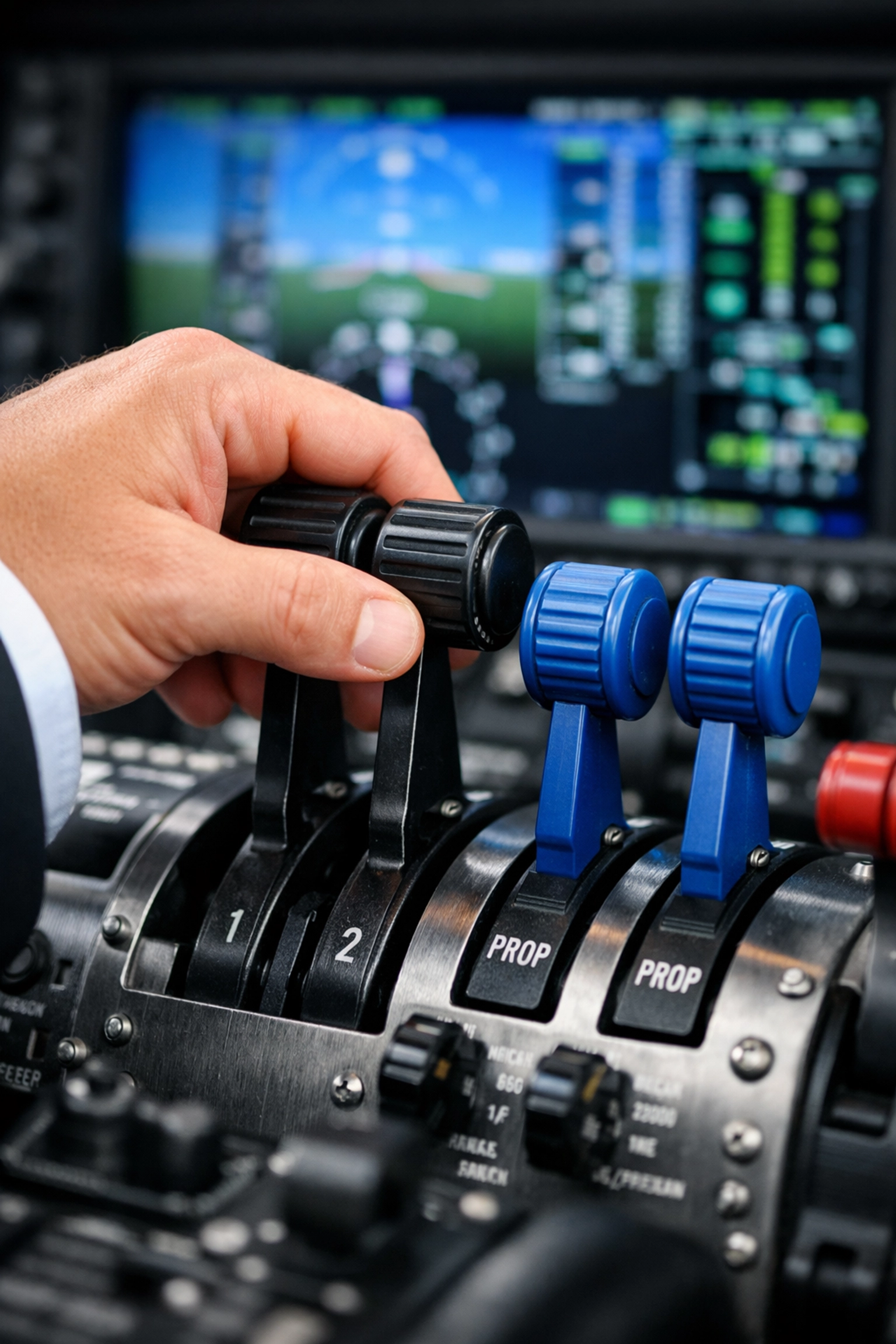 Pilot hand on multi-engine throttle quadrant in a G1000 cockpit for commercial multi-engine rating training.