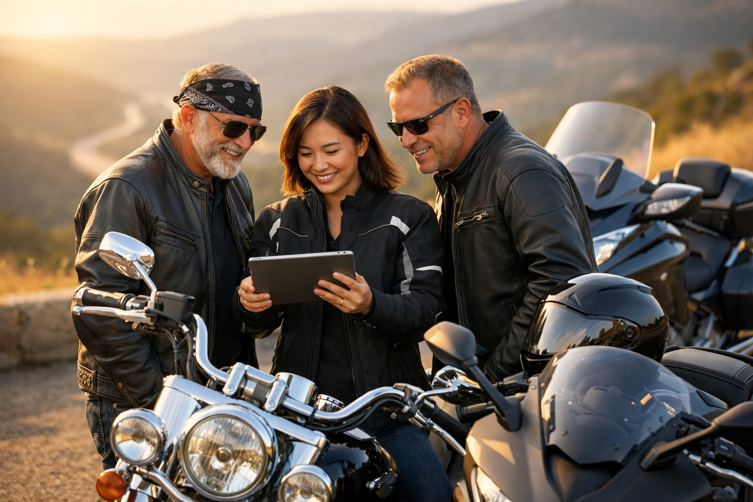 Diverse motorcycle riders collaborating on road safety strategies at a scenic highway overlook.