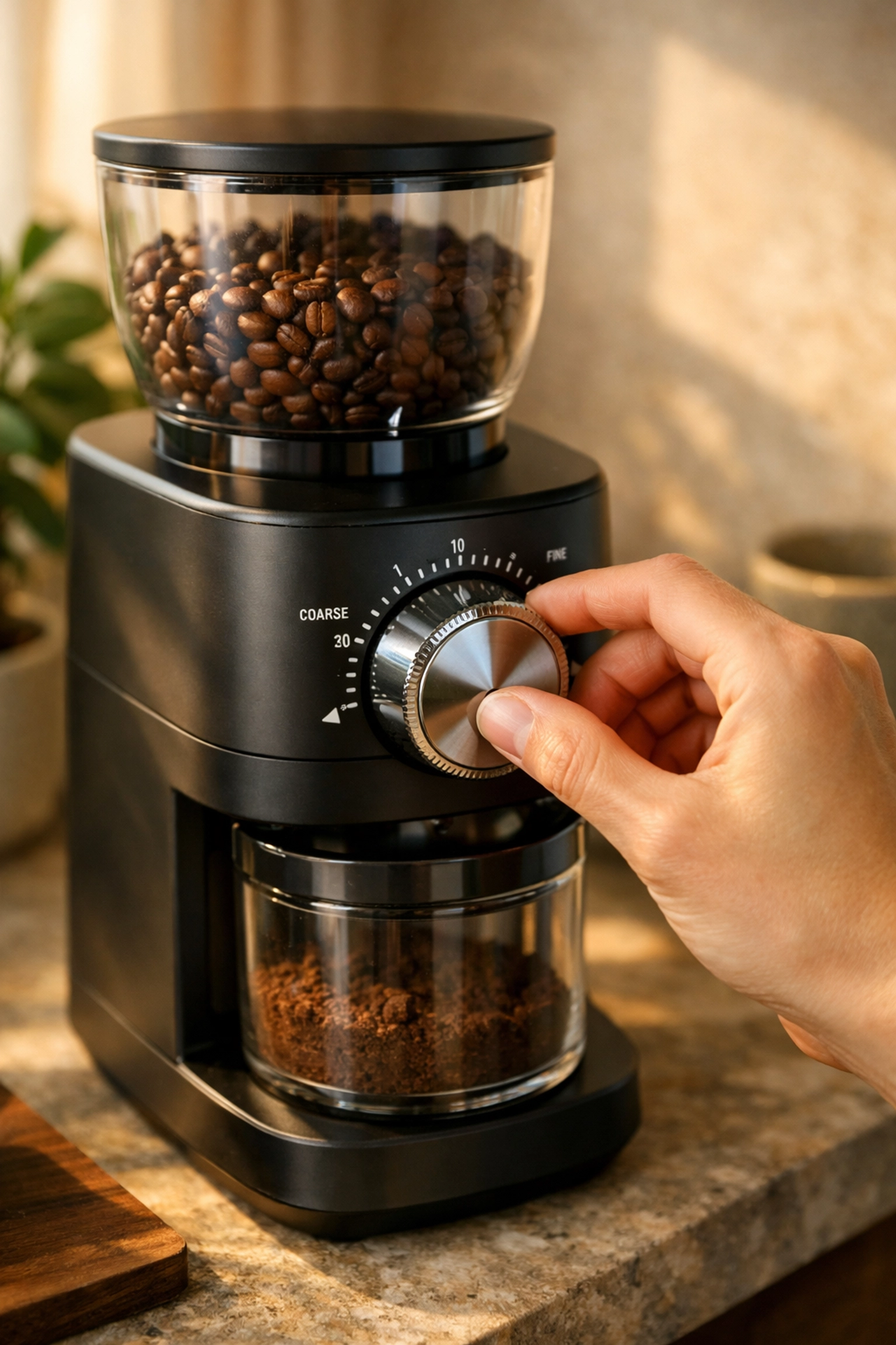 Adjusting the grind size dial on a burr coffee grinder to dial in the perfect espresso extraction.