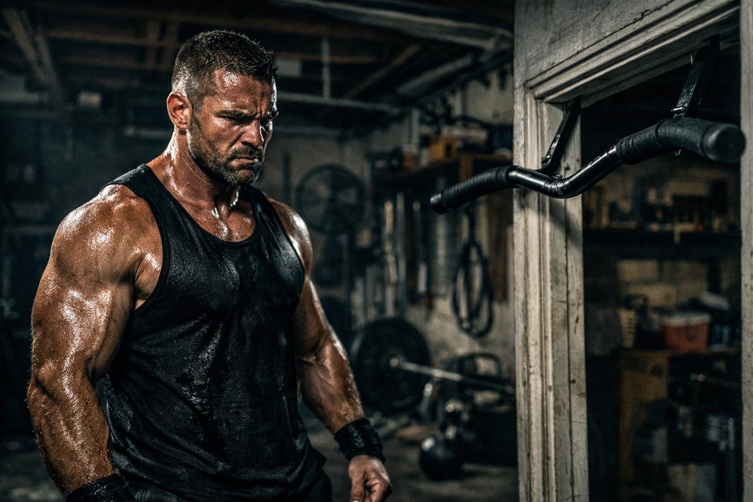 Muscular athlete frustrated with a broken pull up bar alternative in a home gym setting.