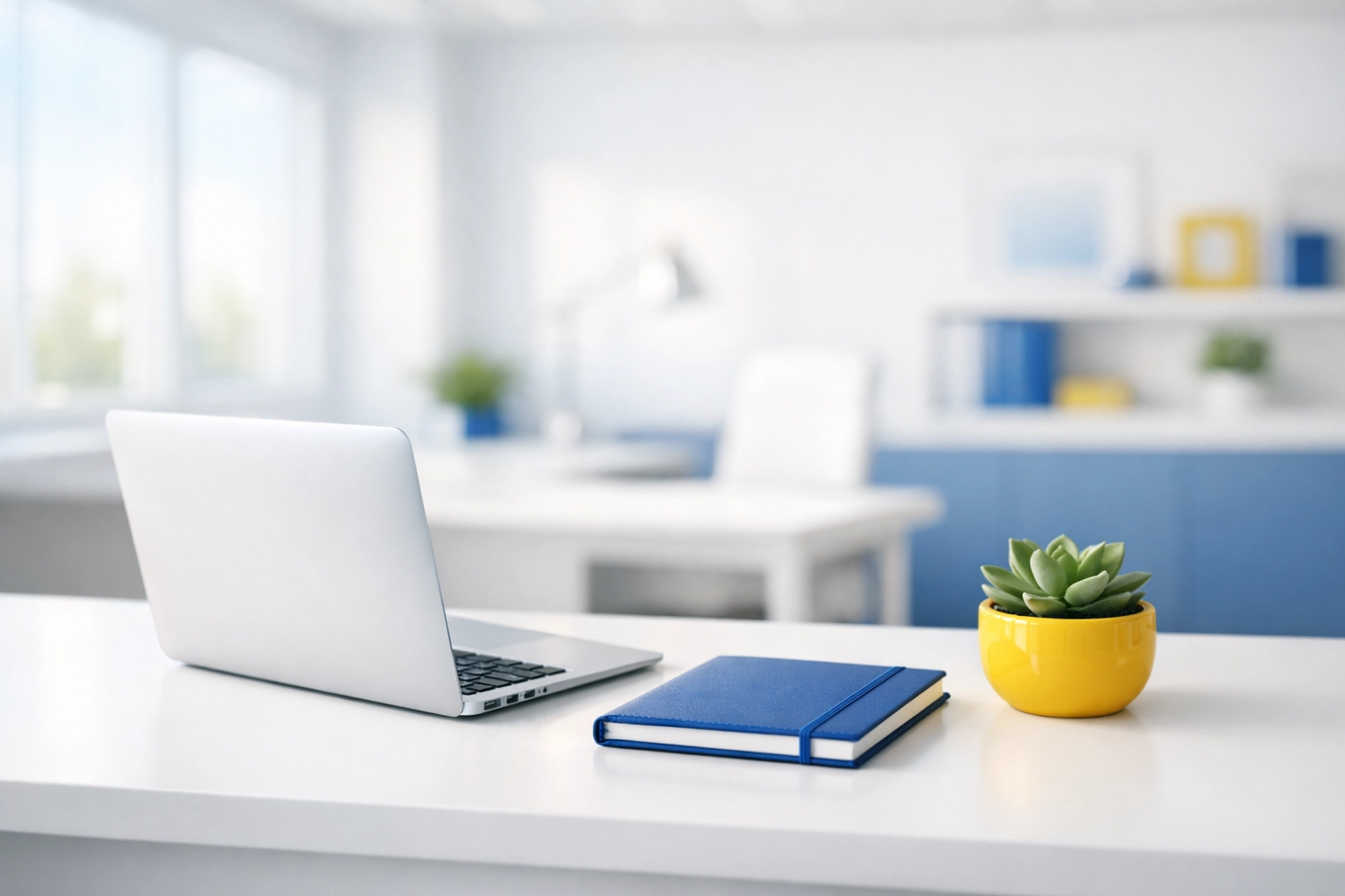 Minimalist Acton office workstation with a clean white desk and blue decor to boost employee focus and productivity.