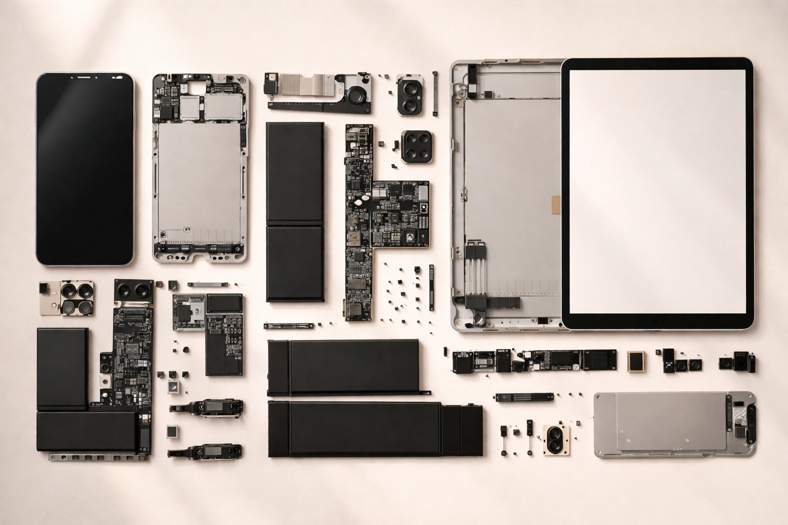Flat lay of disassembled iPhone and iPad parts representing sustainable device repair and Brooklyn tech expertise.