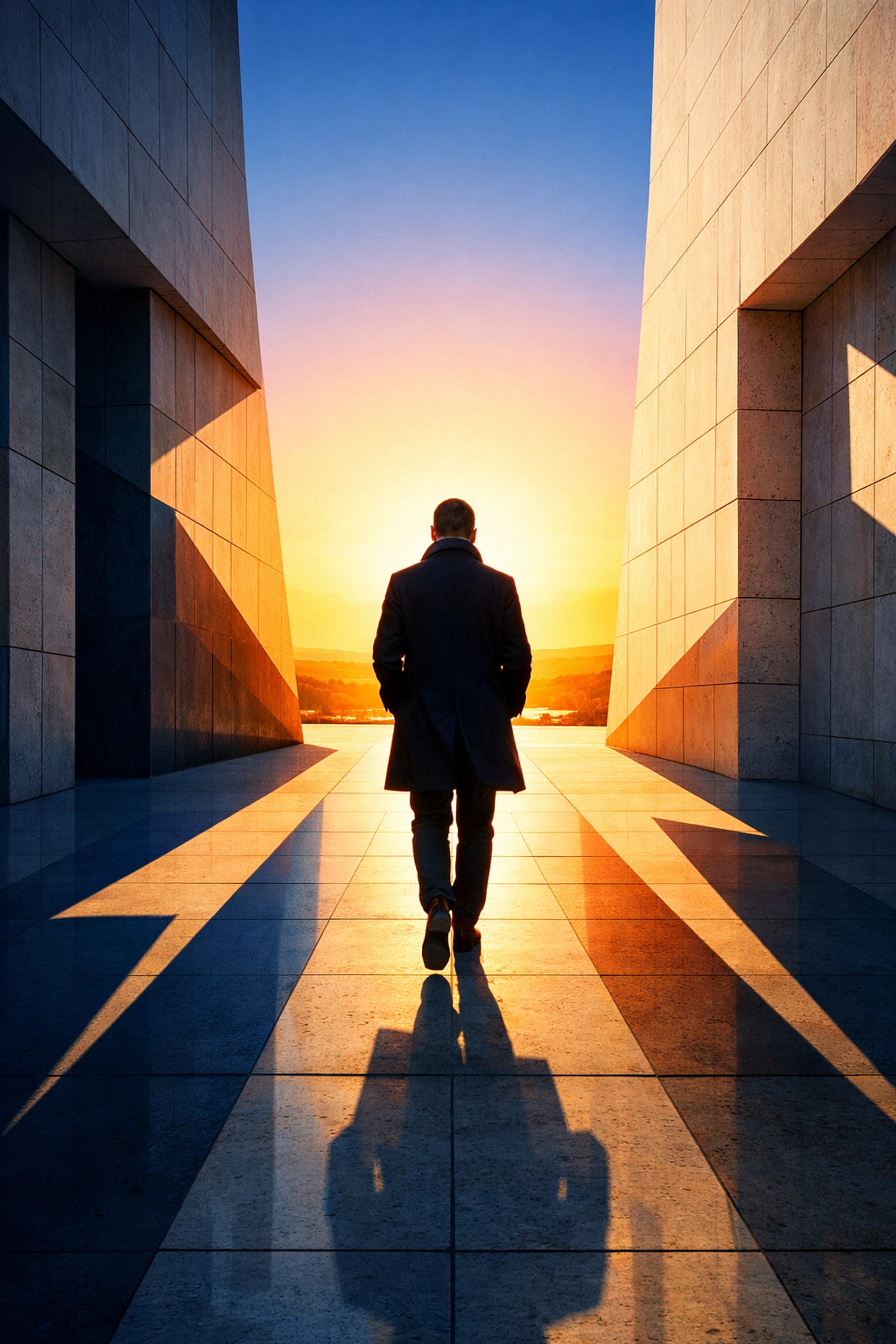 Business owner walking toward a bright horizon, symbolizing the transition to life after a sale.
