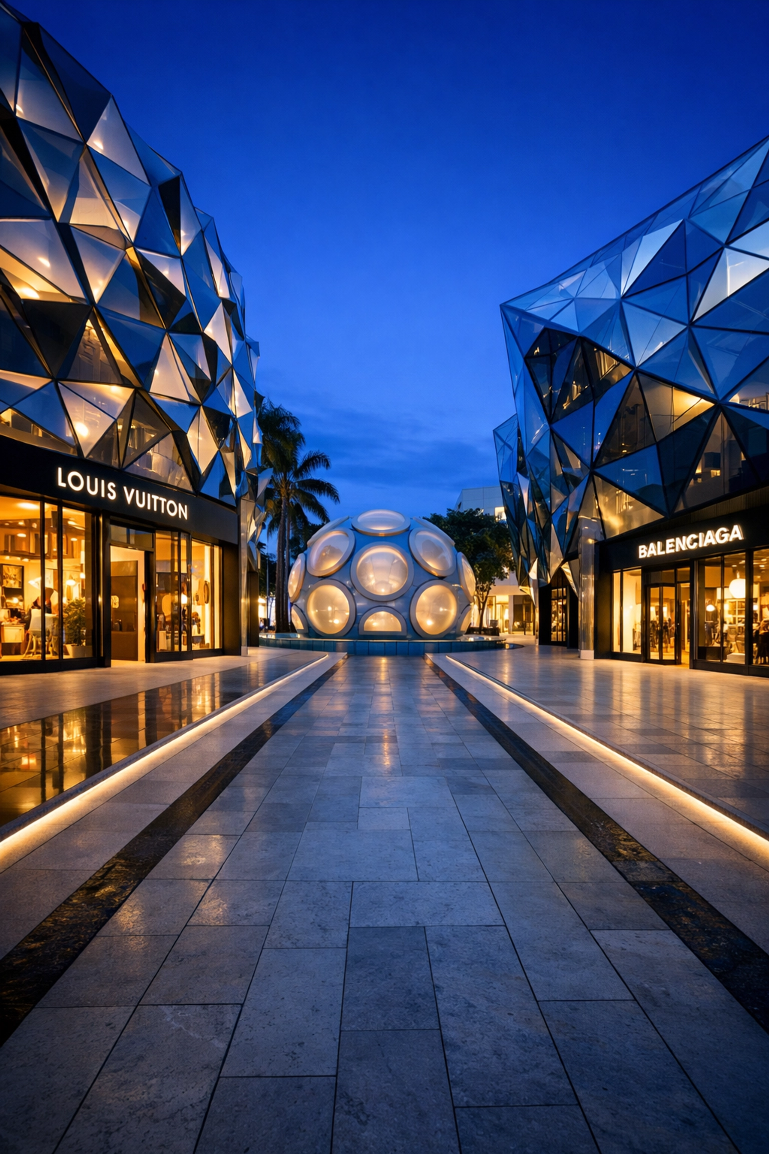 Modern architectural photography of the Miami Design District buildings during blue hour.