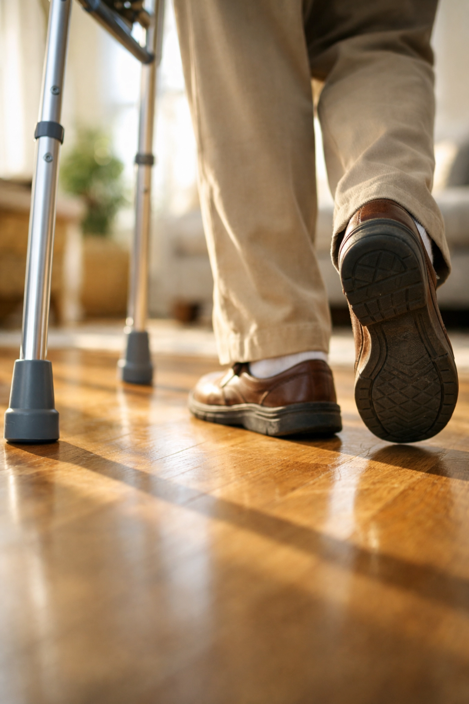 Close-up of a senior walking with a walker, showing synchronized rhythm between feet and mobility aid.