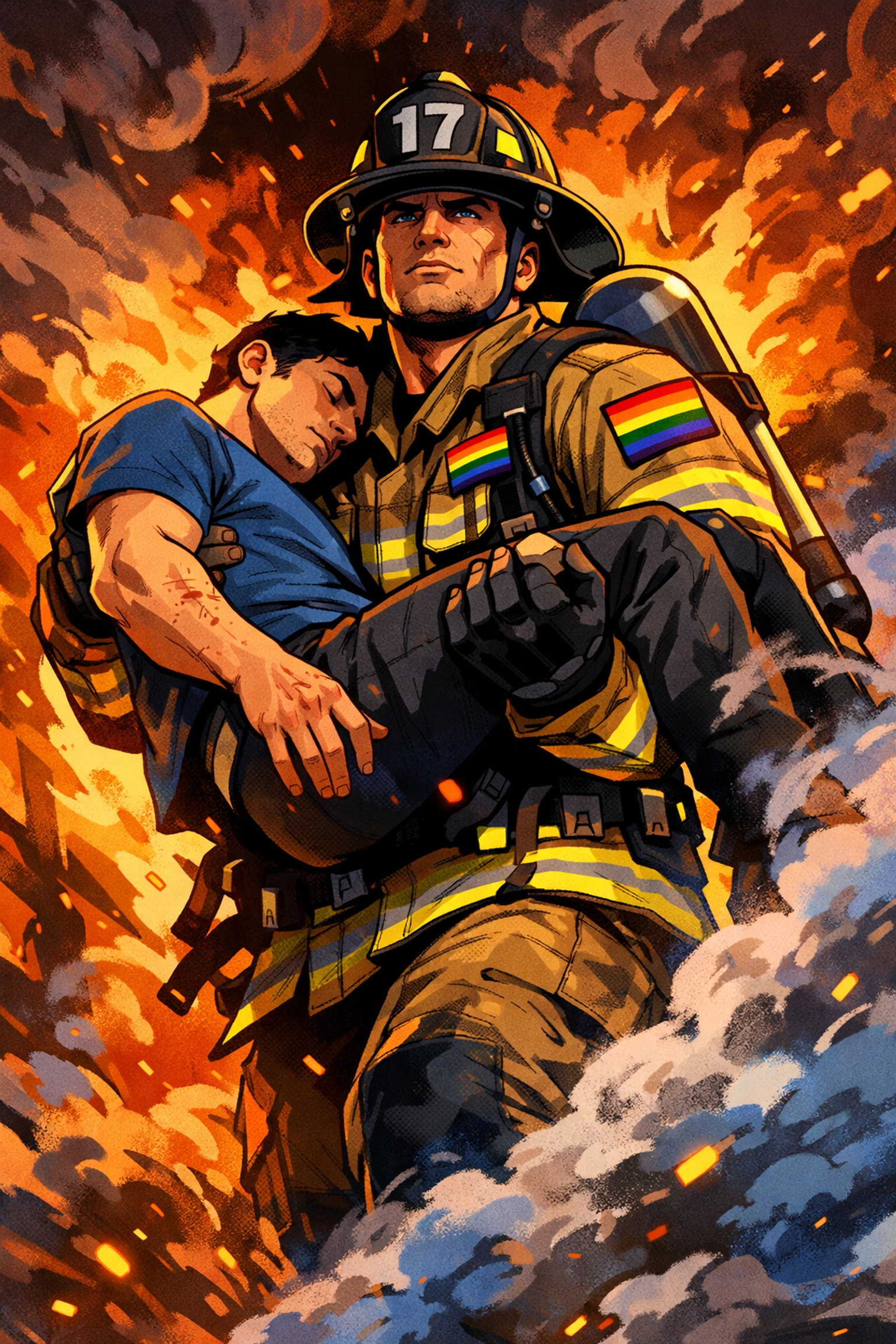 Gay firefighter with rainbow patch rescuing person through flames, representing queer heroism