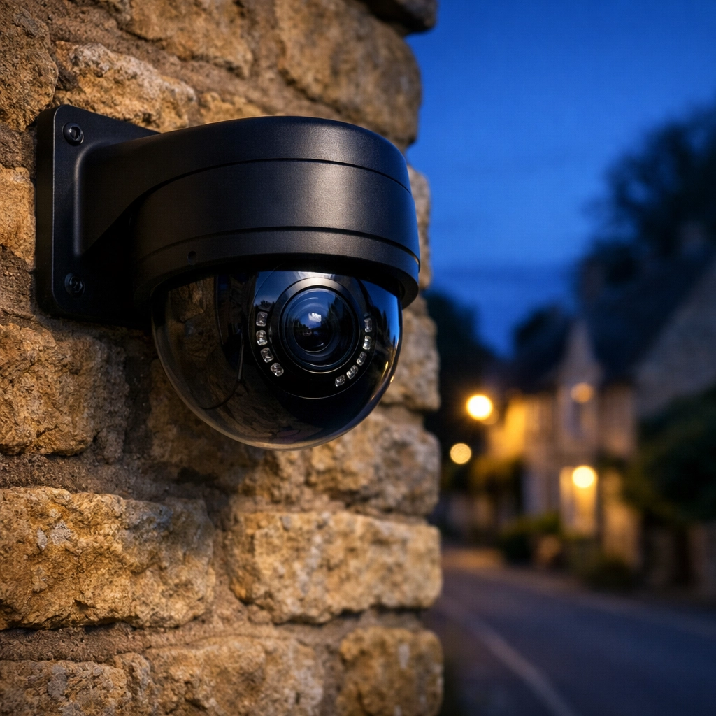 Professional black dome CCTV camera installed on a traditional stone wall in Chippenham.