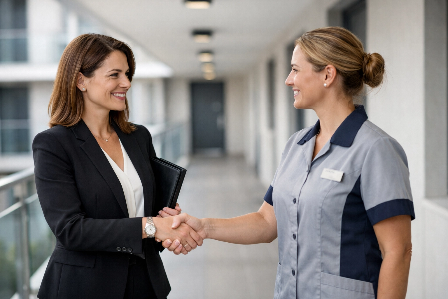 Property manager and cleaning supervisor shaking hands to confirm professional partnership.