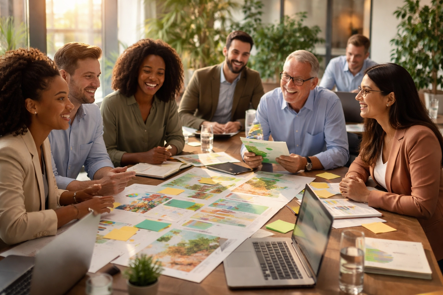 Corporate employees discuss employee wellness workshops around a conference table in a modern office setting