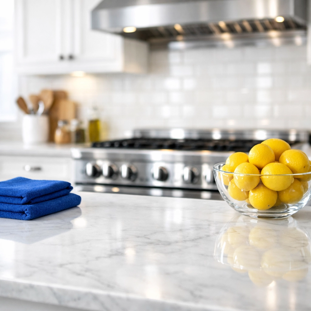 Sanitized gourmet kitchen with spotless marble countertops after a move-out cleaning service.