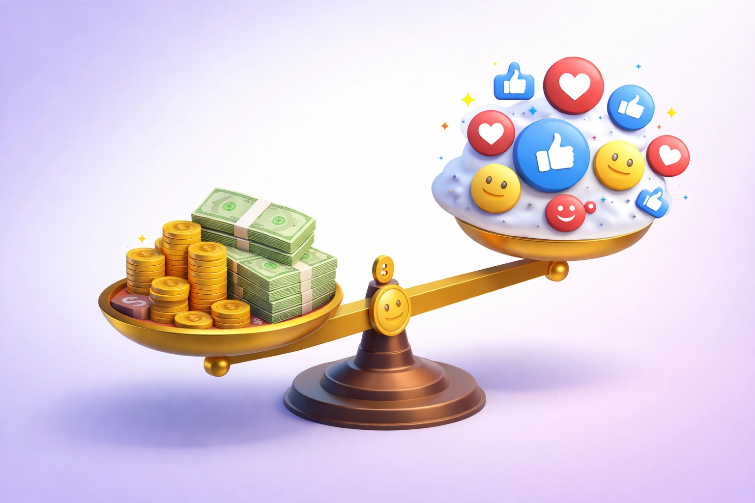 Balance entre argent et icônes sociales, symbolisant l'importance des indicateurs financiers face aux likes.