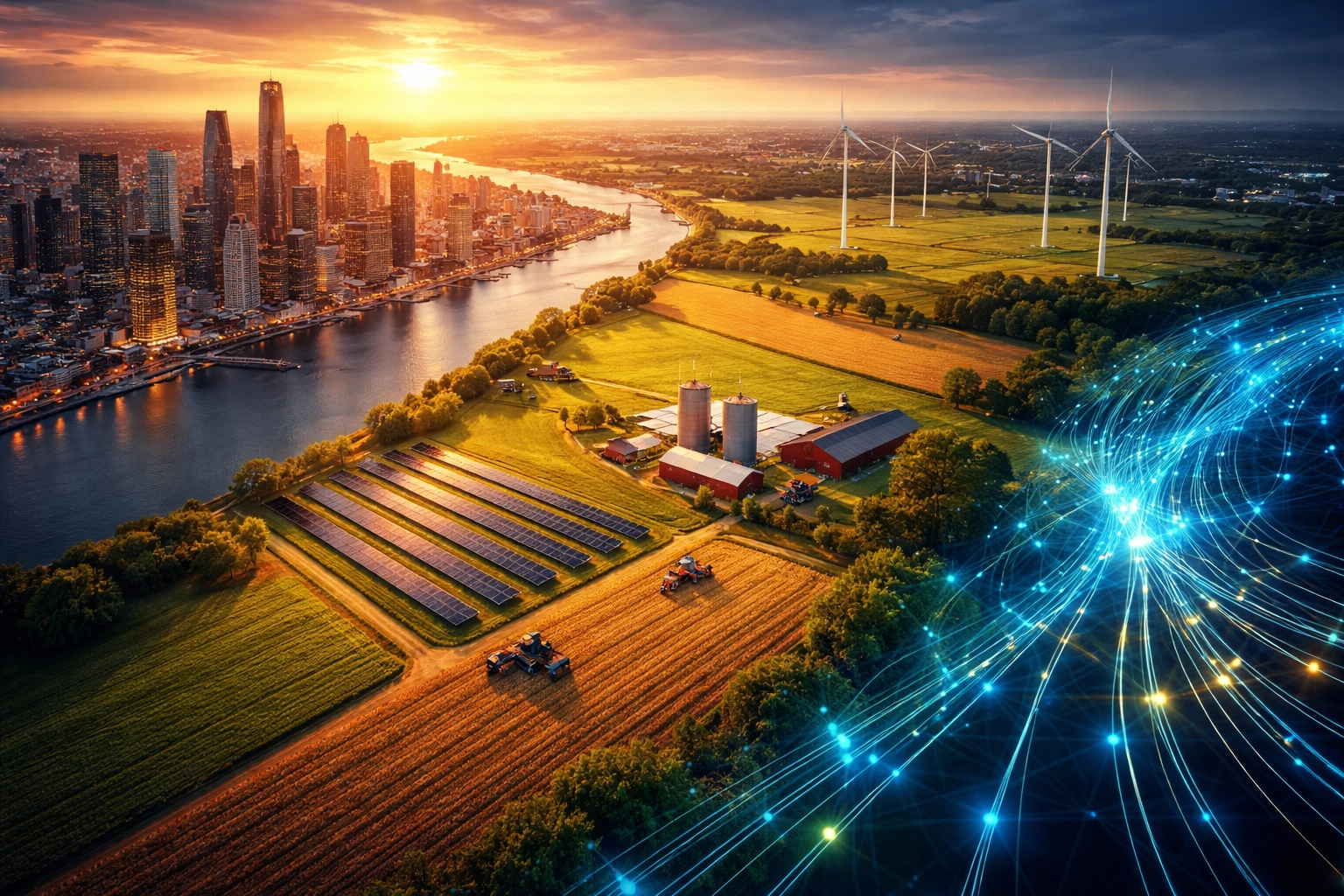 Aerial view showing portfolio diversification through city finance, rural real estate, and digital networks in balanced investing.