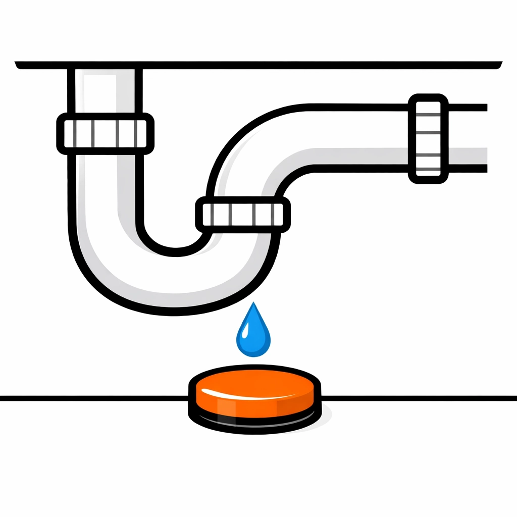 Orange smart leak sensor detecting a water drop under a sink to prevent flooding.