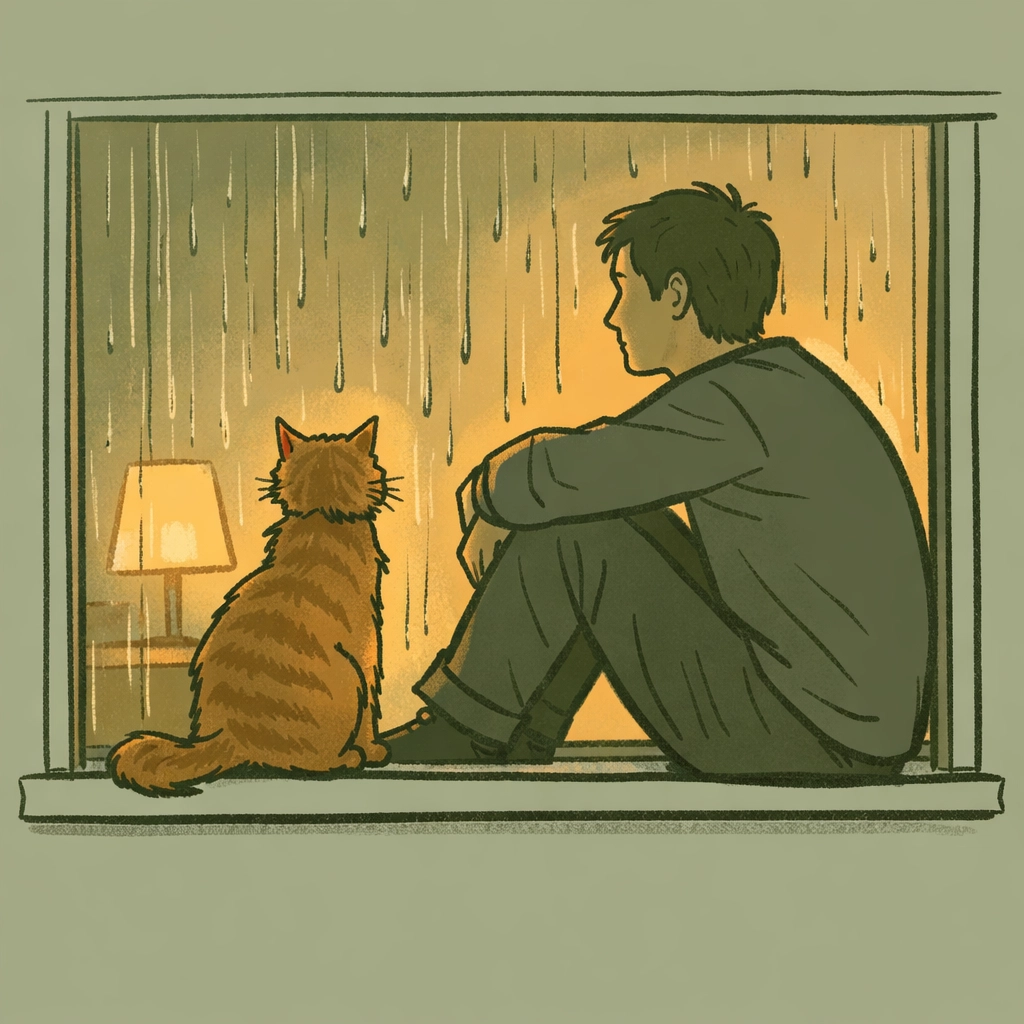 Gay man sitting with ginger cat on rainy windowsill, beginning of self-acceptance journey