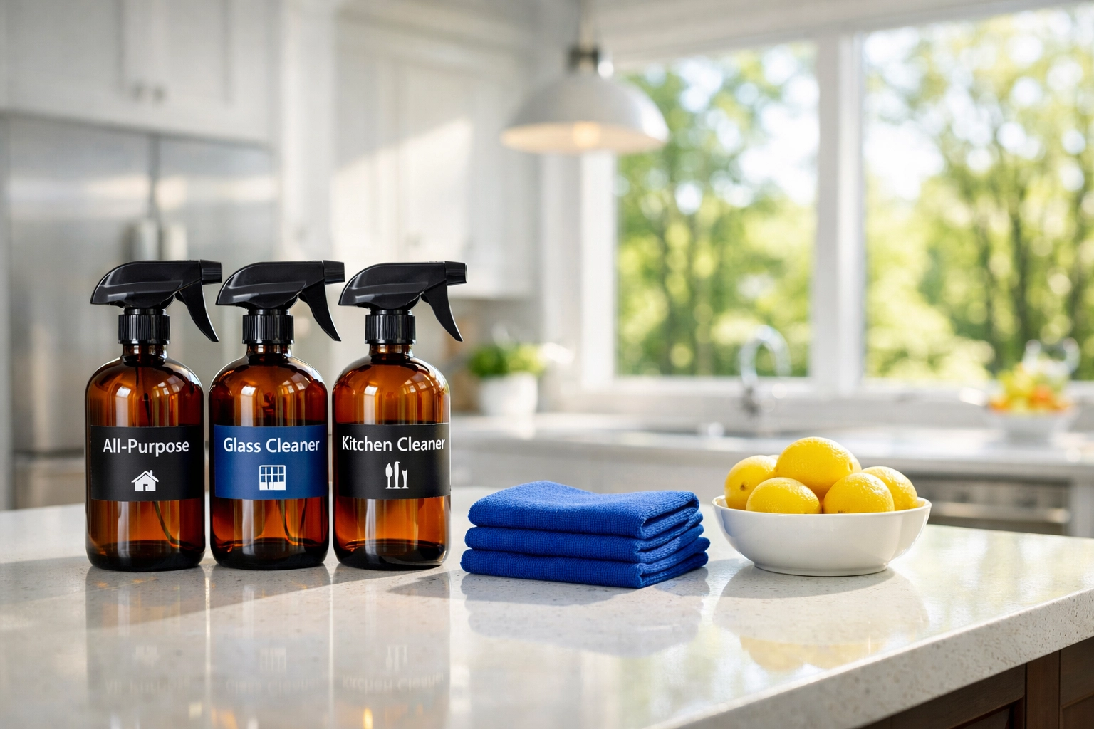 Eco-friendly luxury house cleaning in Franklin MA showing a pristine modern kitchen with non-toxic supplies.