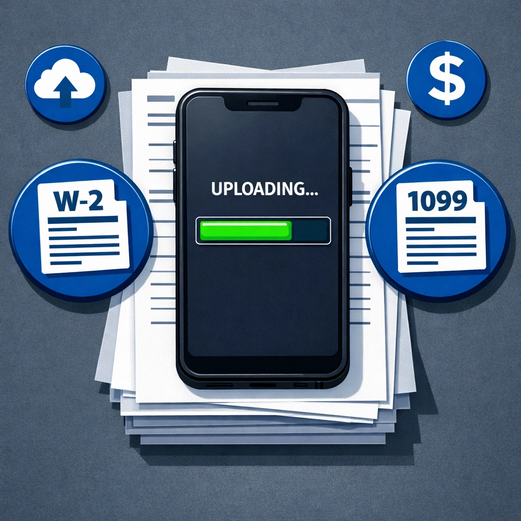 Smartphone securely uploading tax forms like W-2 and 1099 for virtual filing.