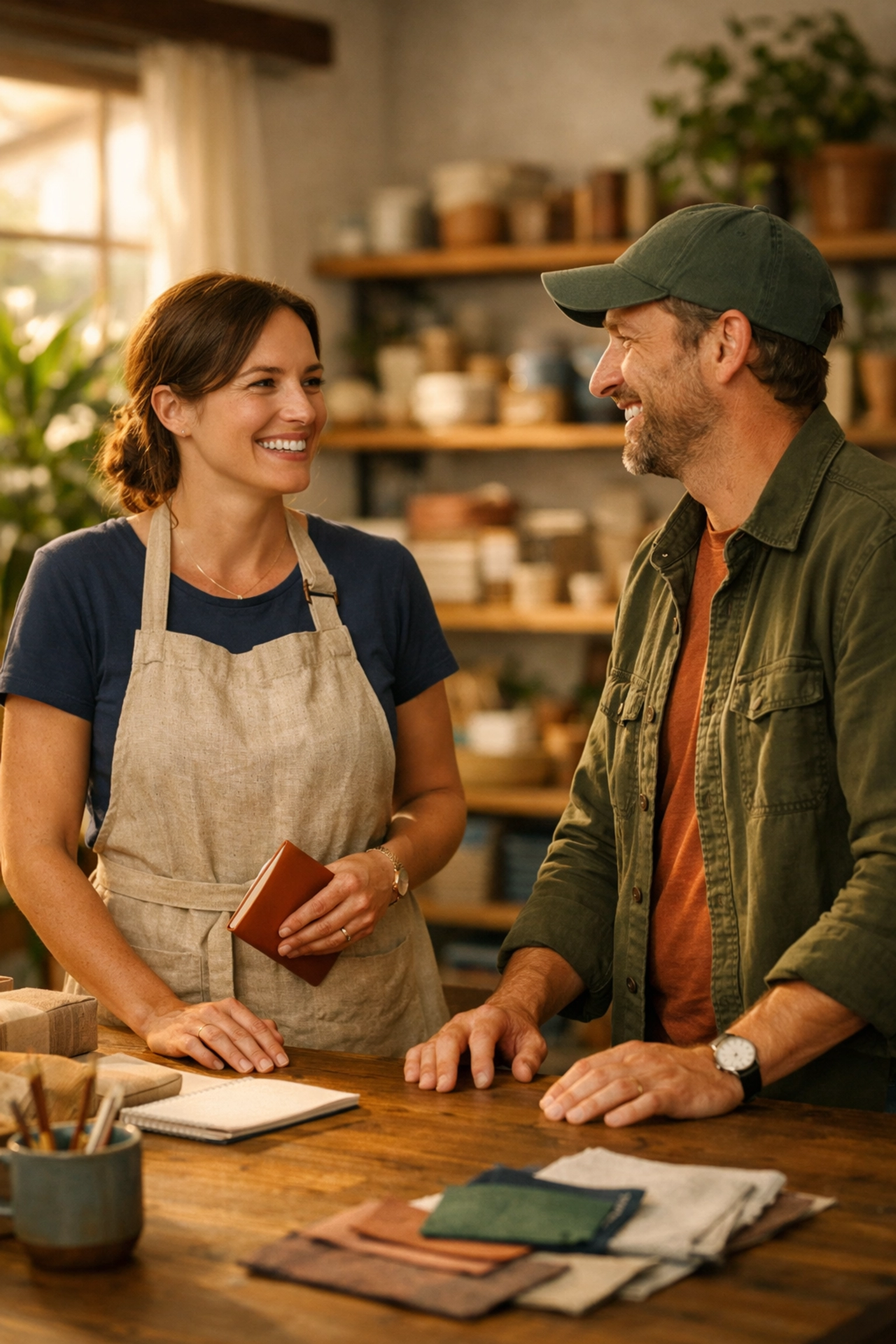 A business owner talking with a customer, highlighting local trust and expert web design services.