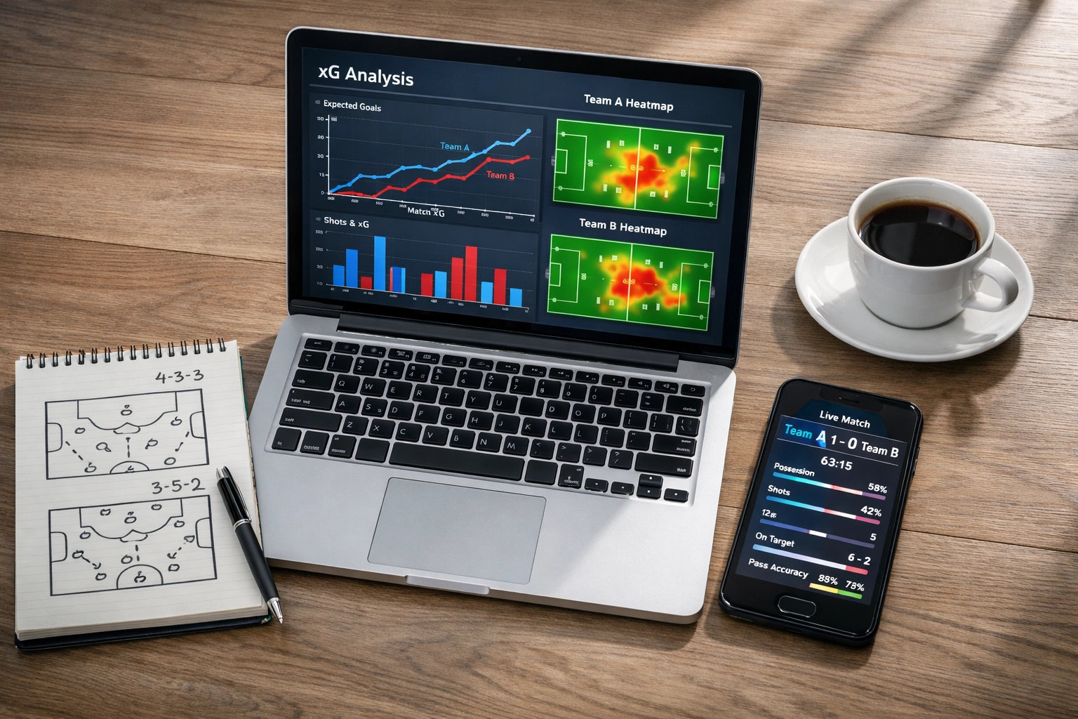 Arbeitsplatz eines Fußball-Analysten mit Laptop, xG-Statistiken und taktischen Notizen