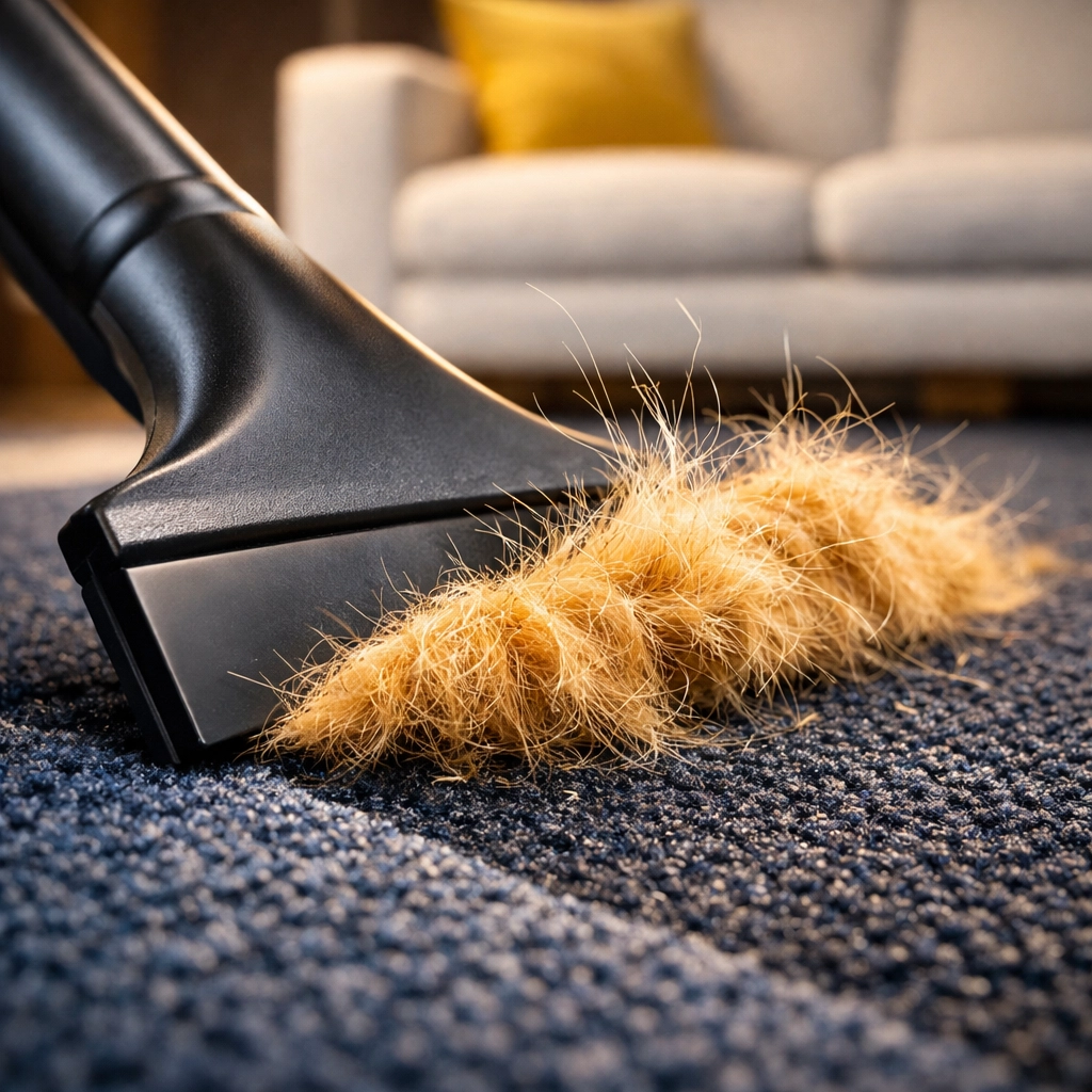 A rubber squeegee pulling a clump of pet fur from a textured blue carpet using static electricity.