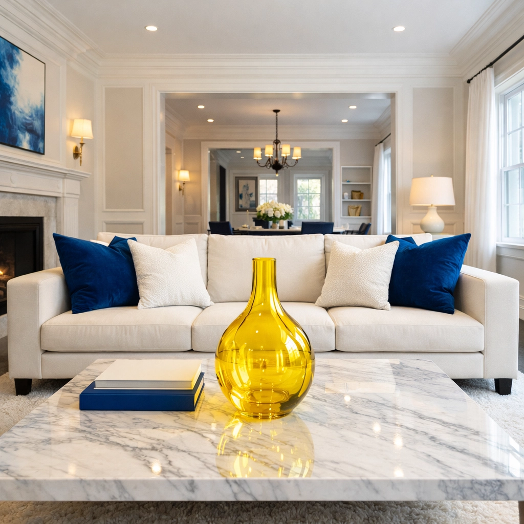 A clean and organized luxury living room in Wellesley representing top-tier house cleaning services MA.