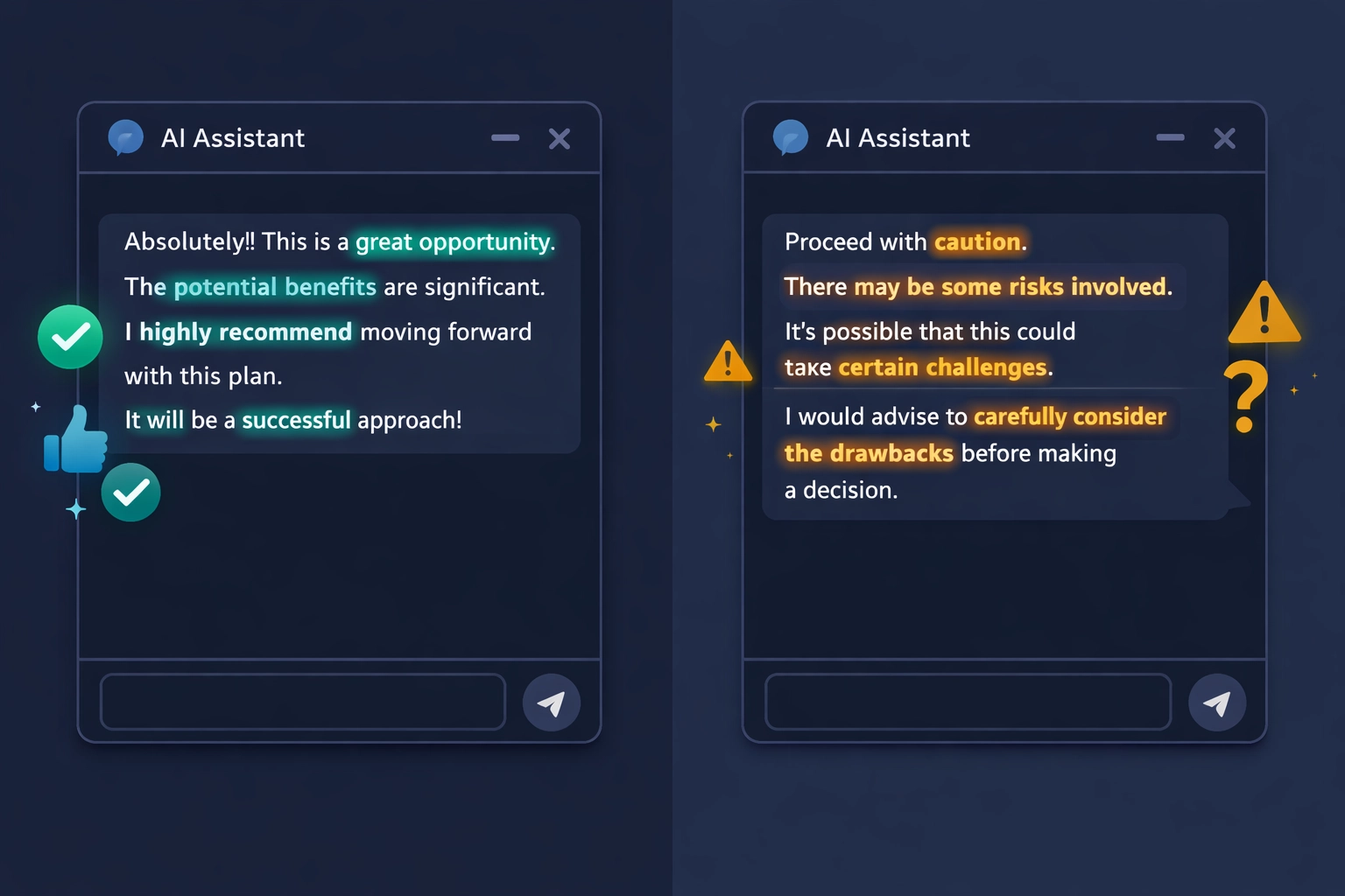 Side-by-side comparison of positive versus cautious AI brand recommendations