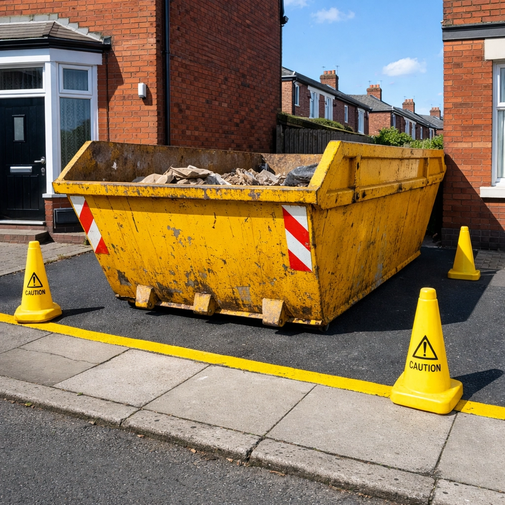 Skip positioned on driveway overhanging onto public pavement in Liverpool