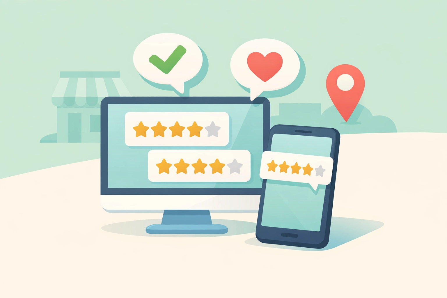Digital screens showing five-star customer reviews and active business responses.