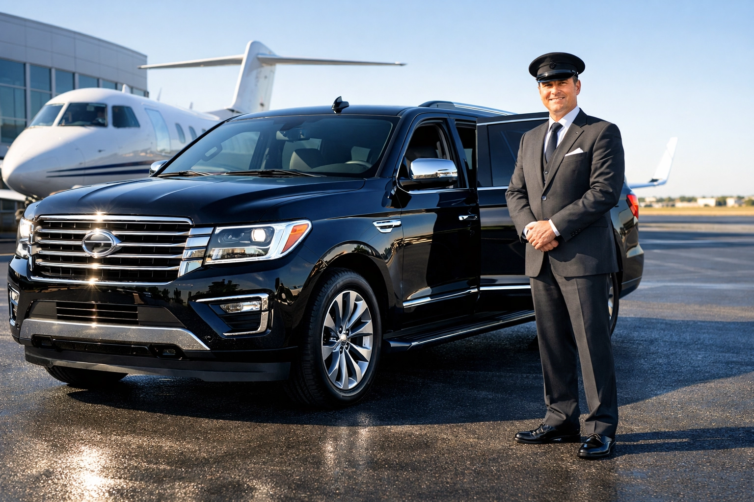 PRESS RELEASE: The Ultimate Guide to Super Bowl Corporate Hospitality: Everything You Need to Succeed Chauffeur with a luxury SUV at a private terminal for elite Super Bowl transportation logistics.