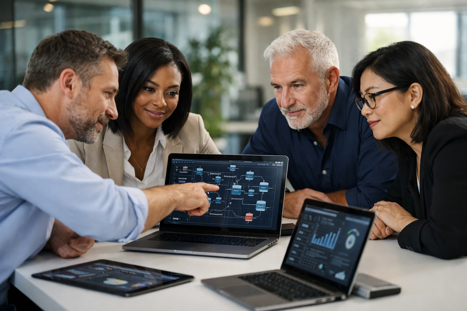 ServiceNow implementation partner team analyzing IRM data for DORA and GDPR compliance in a modern office.