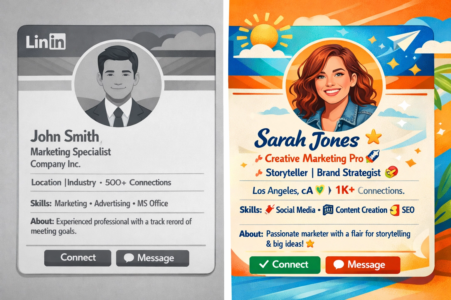 Comparaison entre profil LinkedIn générique et profil personnalisé avec personnalité