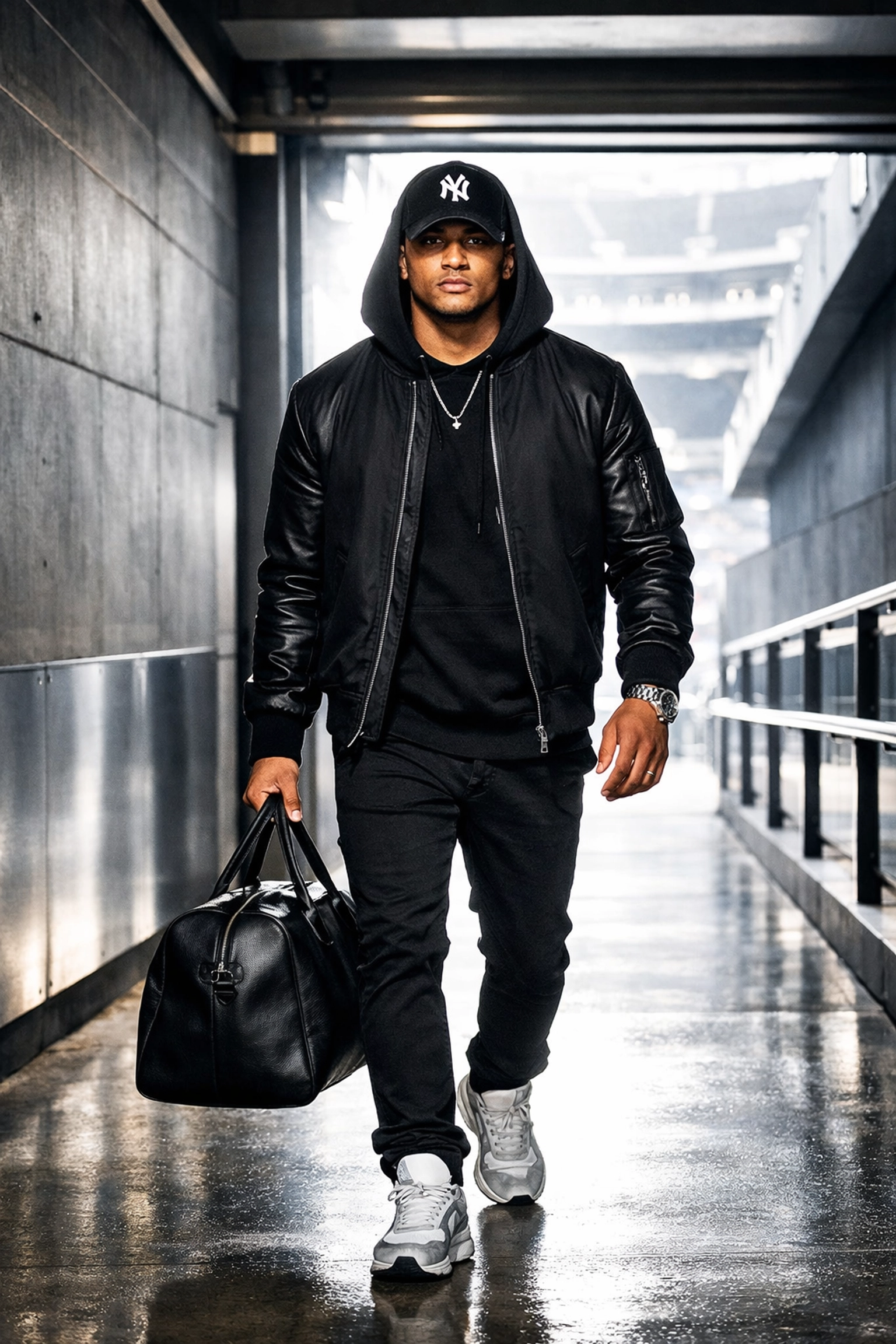 Student-athlete showcasing a pre-game fit in a stadium tunnel for a Super Bowl NIL campaign.