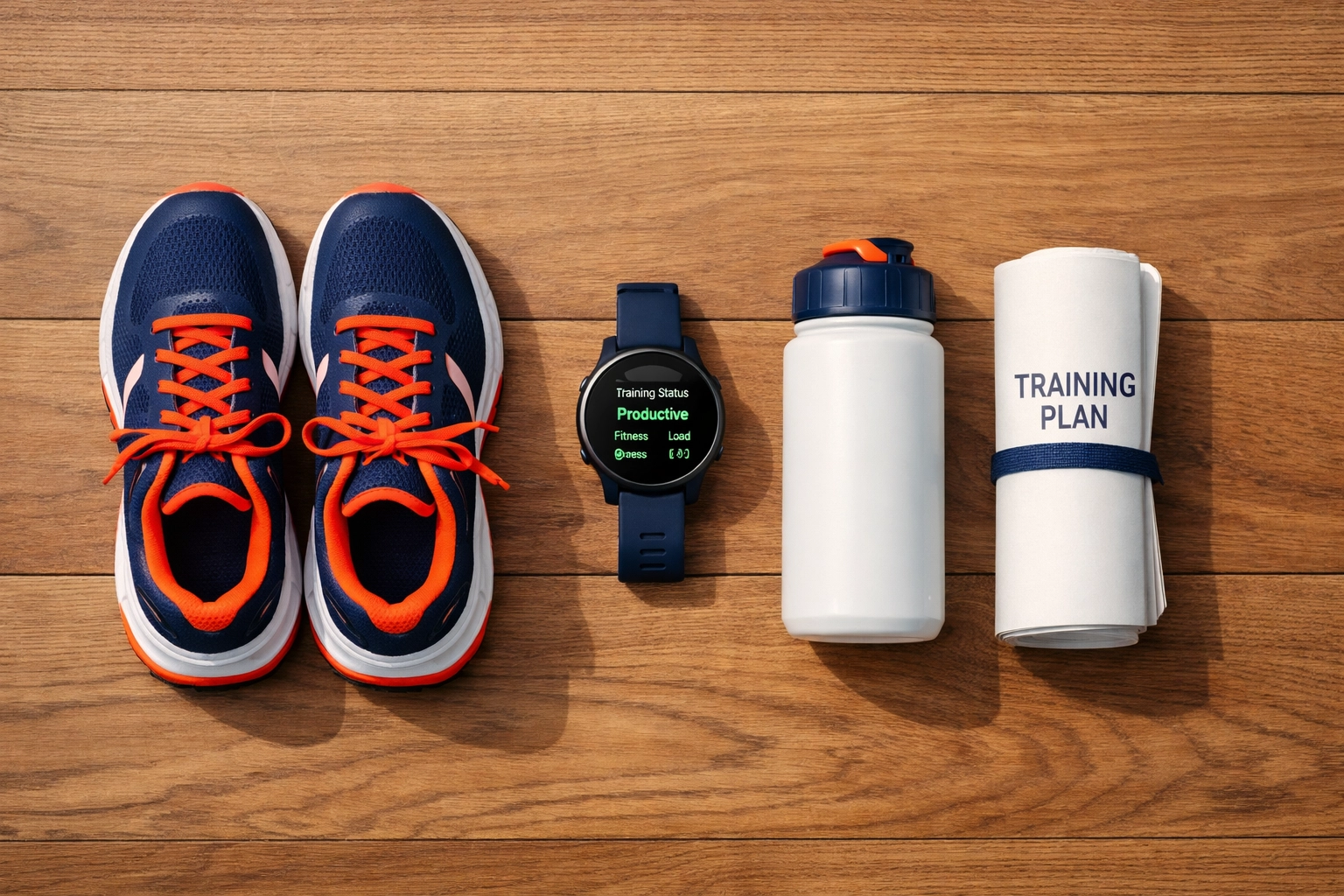 Essential marathon training gear including running trainers, fitness watch, and training plan