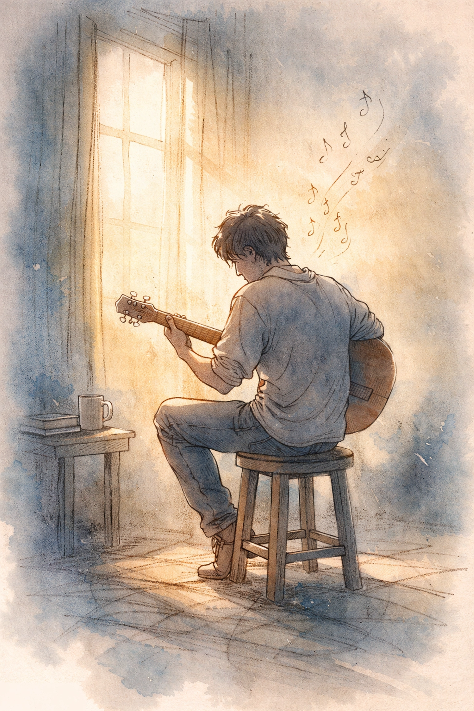 A solitary figure sits on a stool with a guitar in warm golden light, capturing the spiritual act of songwriting and worship.