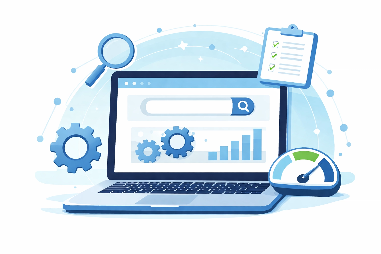 Laptop with SEO icons showing optimization process, highlighting on-page SEO essentials for websites