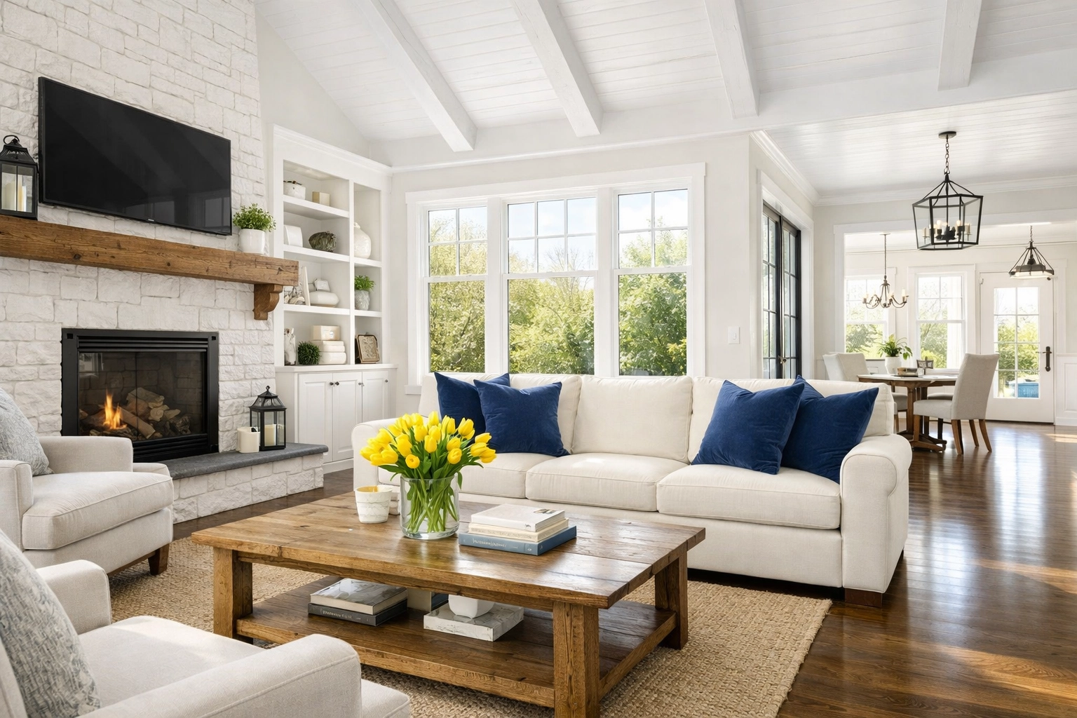 Clean living room with polished floors in Dunstable MA, highlighting expert residential house cleaning.