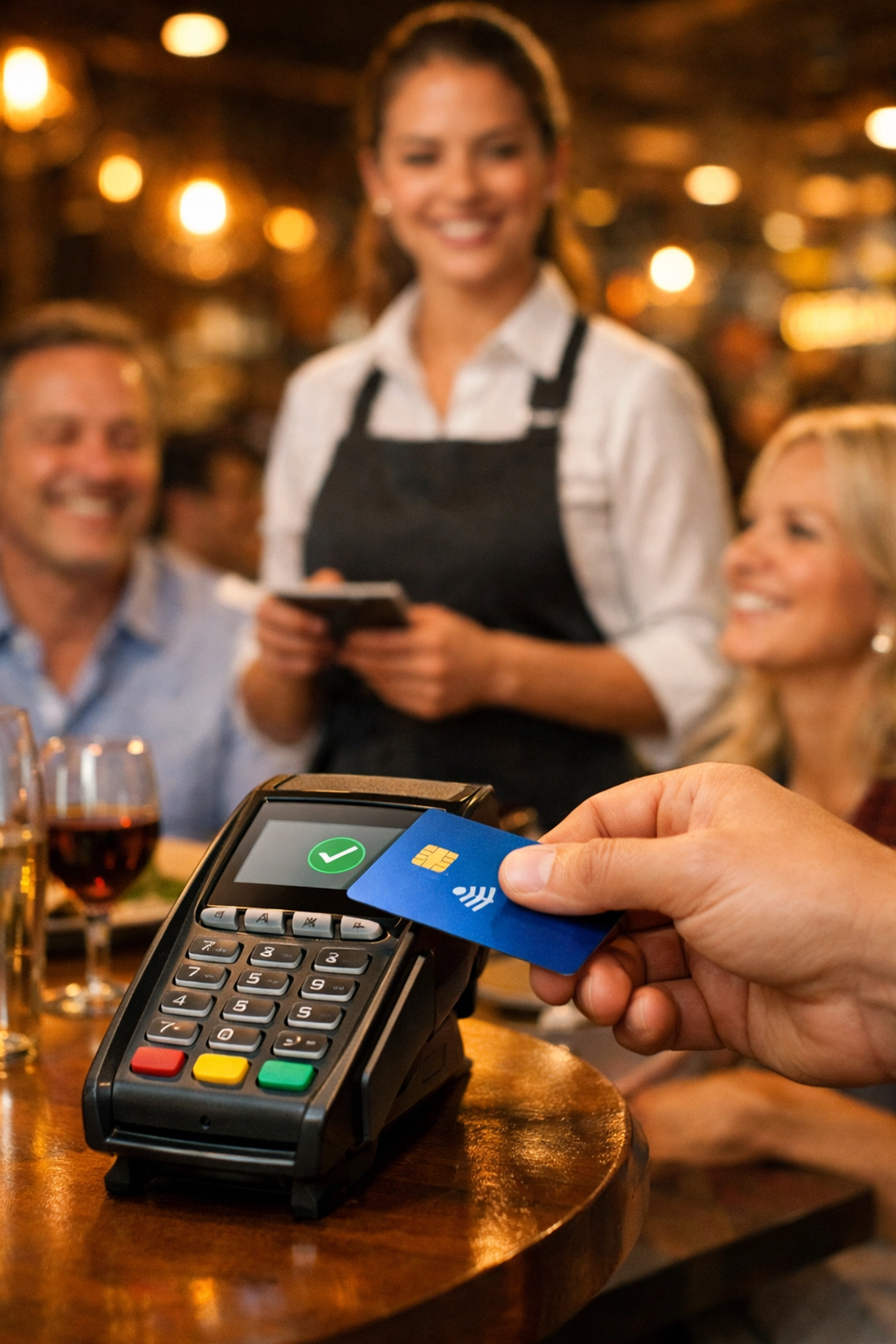 Restaurant payment terminal processing card transaction with customers