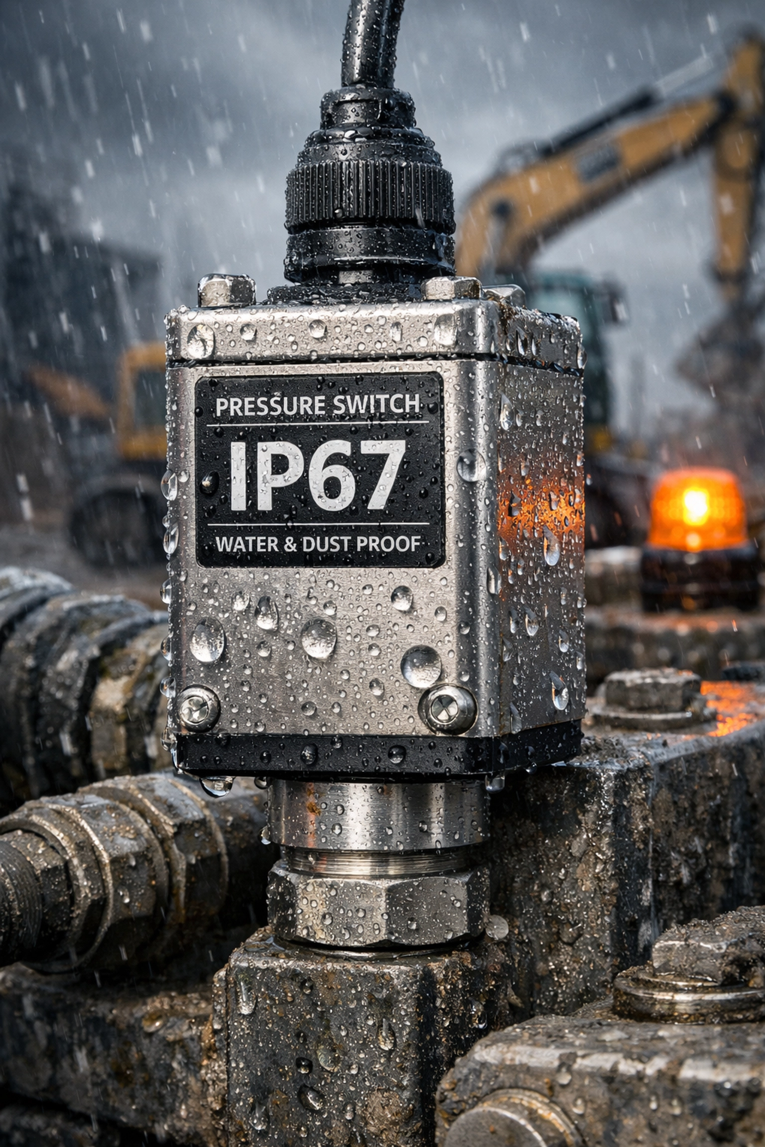 IP67-rated pressure switch demonstrating environmental protection against water and dust on construction site