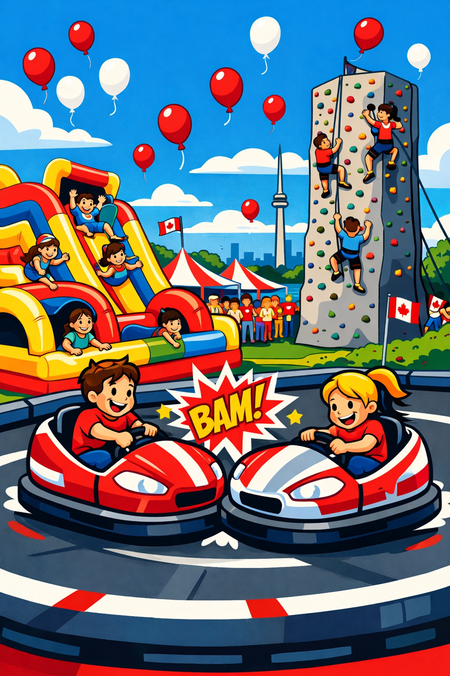 Vibrant Canada Day festival in Ontario featuring bumper cars and inflatable obstacle course attractions.